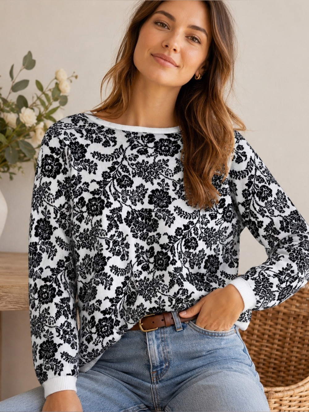 Appleseed’s Women’s Black White Floral Cotton Sweater Cottagecore Garden Party M